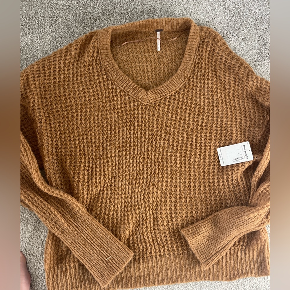 Free People Lulu Oversize V Neck Sweater Open Waffle Knit Birchwood Brown Medium